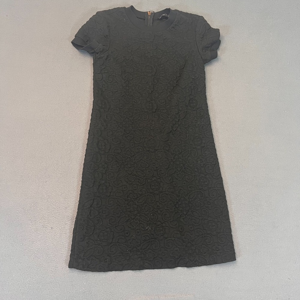 ZARA Womans Sz Sm Black Shift Midi Dress Floral Print Jacquard Round Short Slv